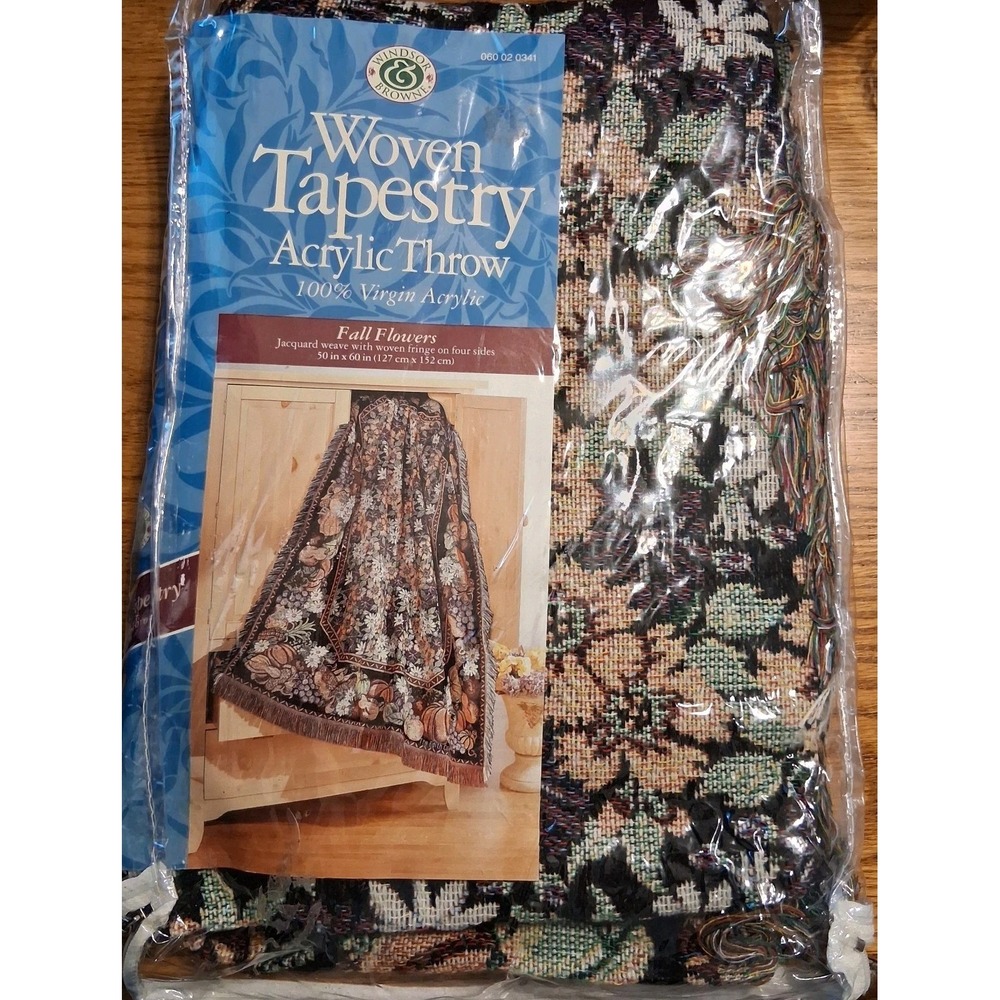 VTG 90s Cottagecore Woven Tapestry Fall Flowers Throw Blanket 50" X 60" NOS